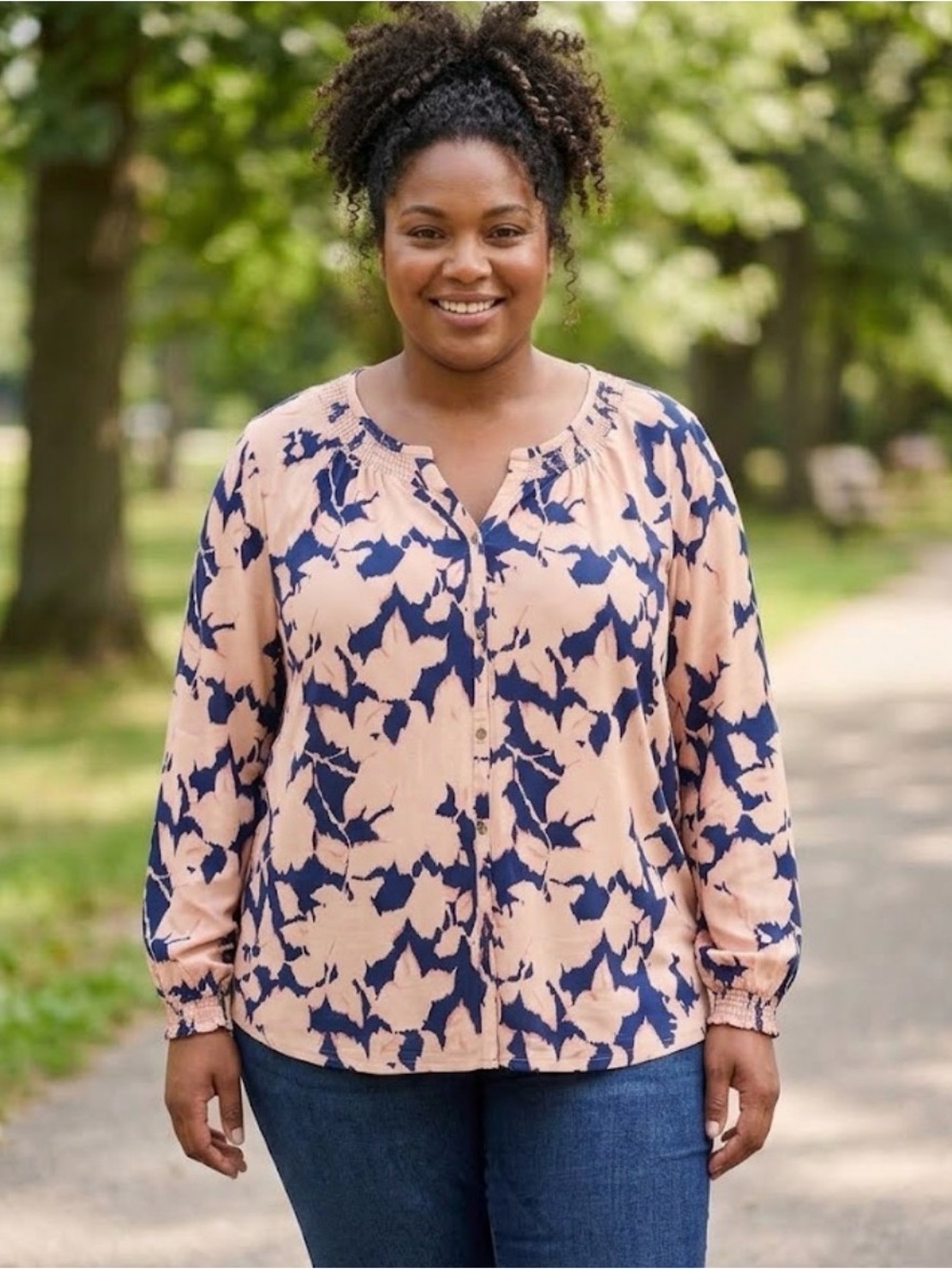 Amazon Peach and Navy Floral Button-Front Blouse